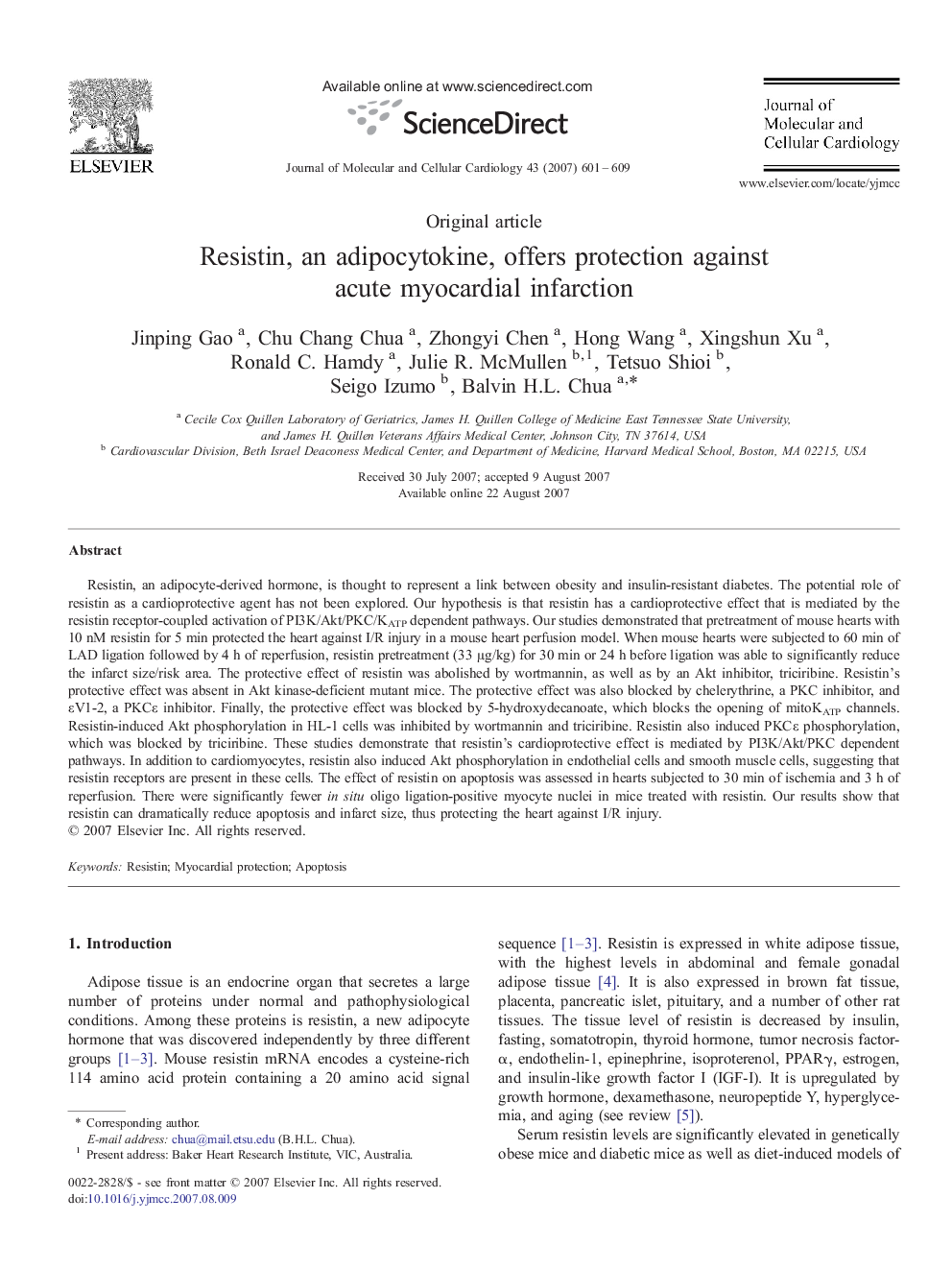 Resistin, an adipocytokine, offers protection against acute myocardial infarction