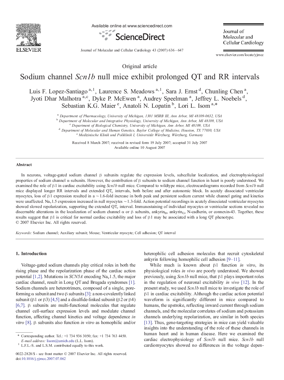 Sodium channel Scn1b null mice exhibit prolonged QT and RR intervals