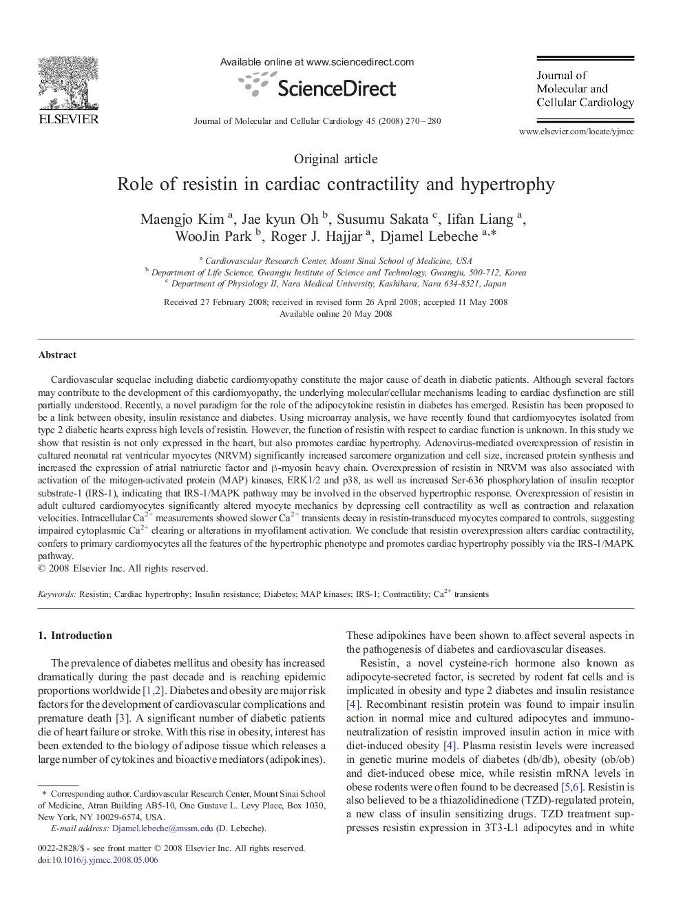 Role of resistin in cardiac contractility and hypertrophy