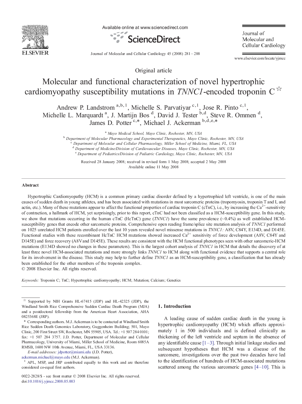 Molecular and functional characterization of novel hypertrophic cardiomyopathy susceptibility mutations in TNNC1-encoded troponin C 