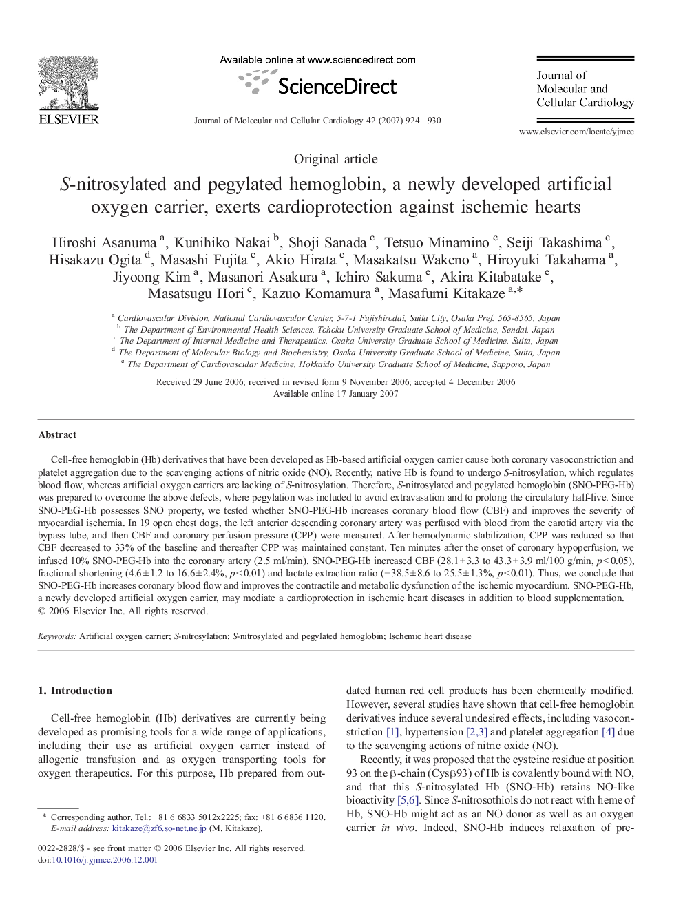 S-nitrosylated and pegylated hemoglobin, a newly developed artificial oxygen carrier, exerts cardioprotection against ischemic hearts