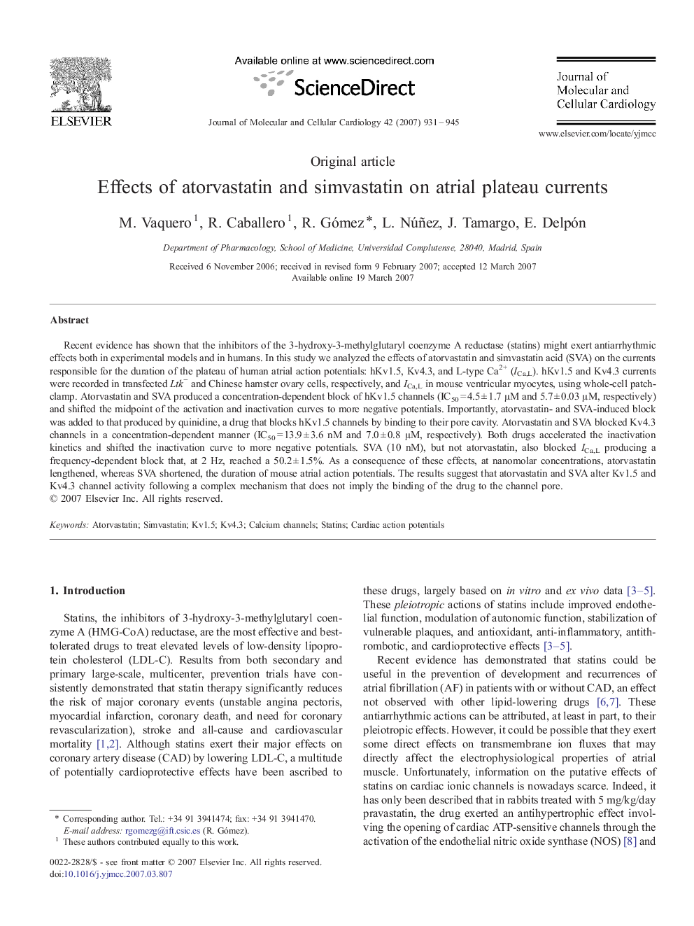 Effects of atorvastatin and simvastatin on atrial plateau currents