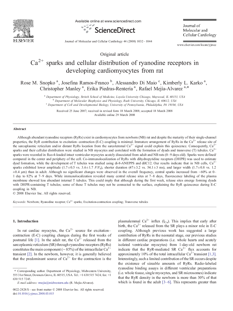 Ca2+ sparks and cellular distribution of ryanodine receptors in developing cardiomyocytes from rat