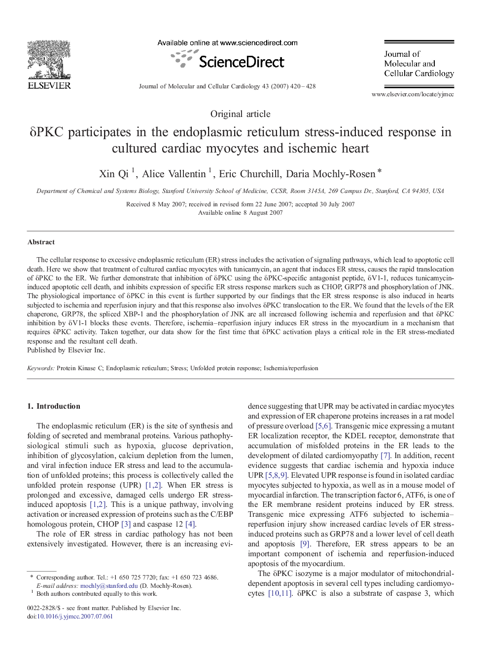 δPKC participates in the endoplasmic reticulum stress-induced response in cultured cardiac myocytes and ischemic heart