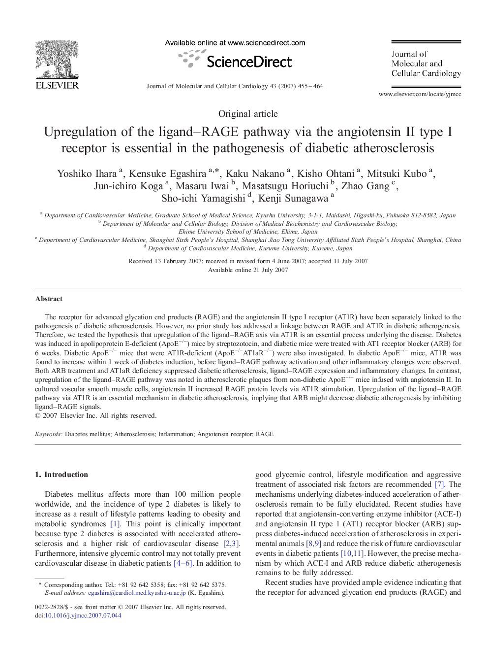 Upregulation of the ligand–RAGE pathway via the angiotensin II type I receptor is essential in the pathogenesis of diabetic atherosclerosis