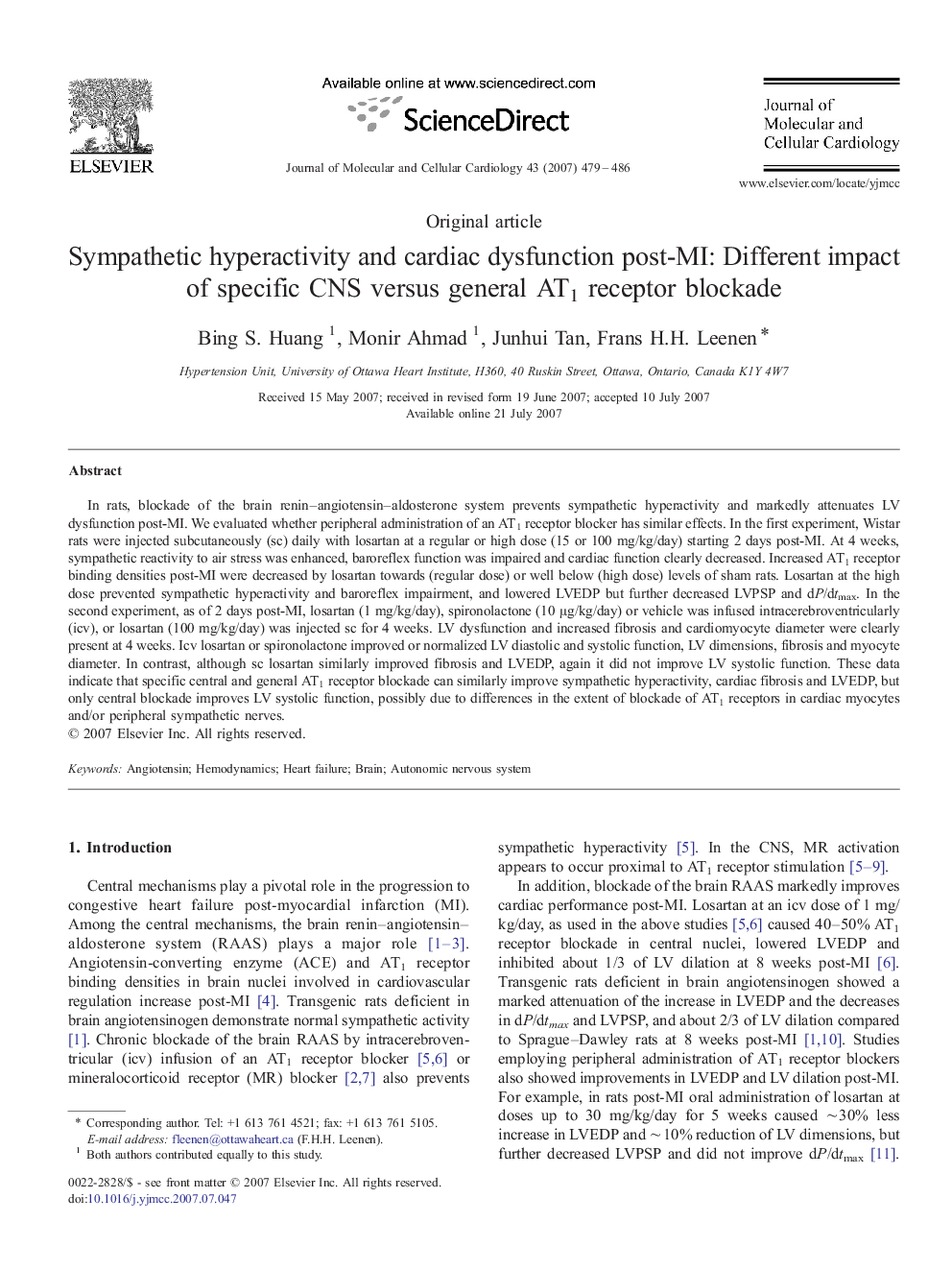 Sympathetic hyperactivity and cardiac dysfunction post-MI: Different impact of specific CNS versus general AT1 receptor blockade