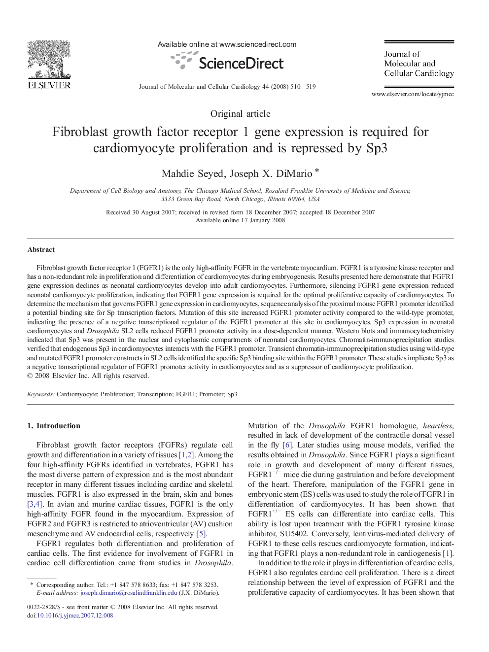 Fibroblast growth factor receptor 1 gene expression is required for cardiomyocyte proliferation and is repressed by Sp3