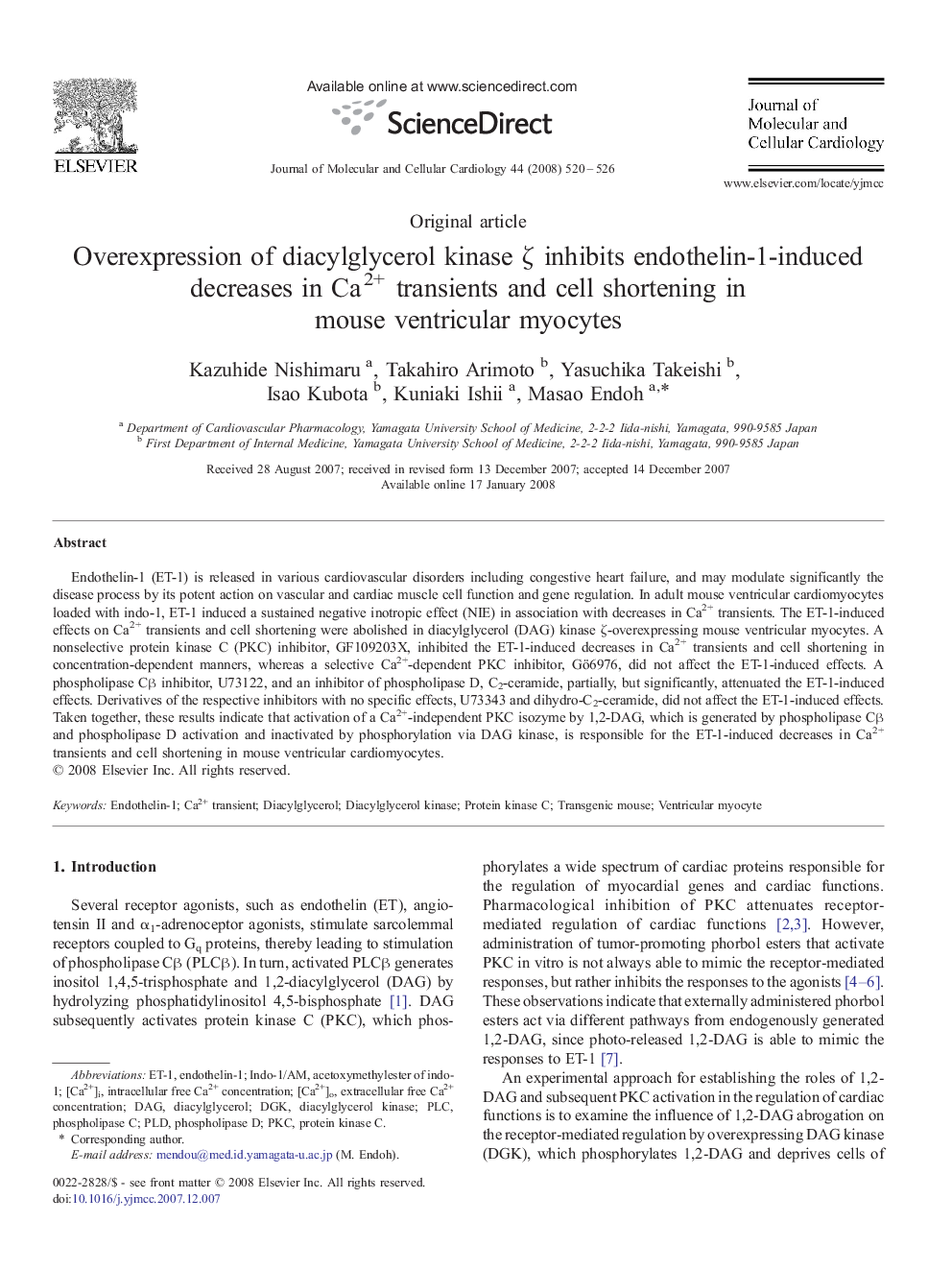 Overexpression of diacylglycerol kinase Î¶ inhibits endothelin-1-induced decreases in Ca2+ transients and cell shortening in mouse ventricular myocytes