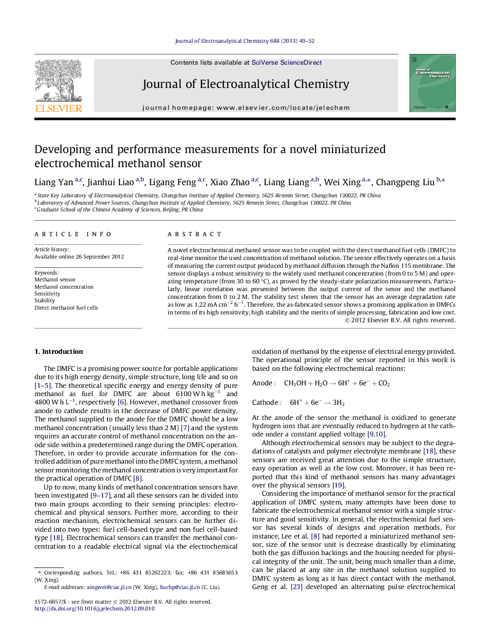 Developing and performance measurements for a novel miniaturized electrochemical methanol sensor