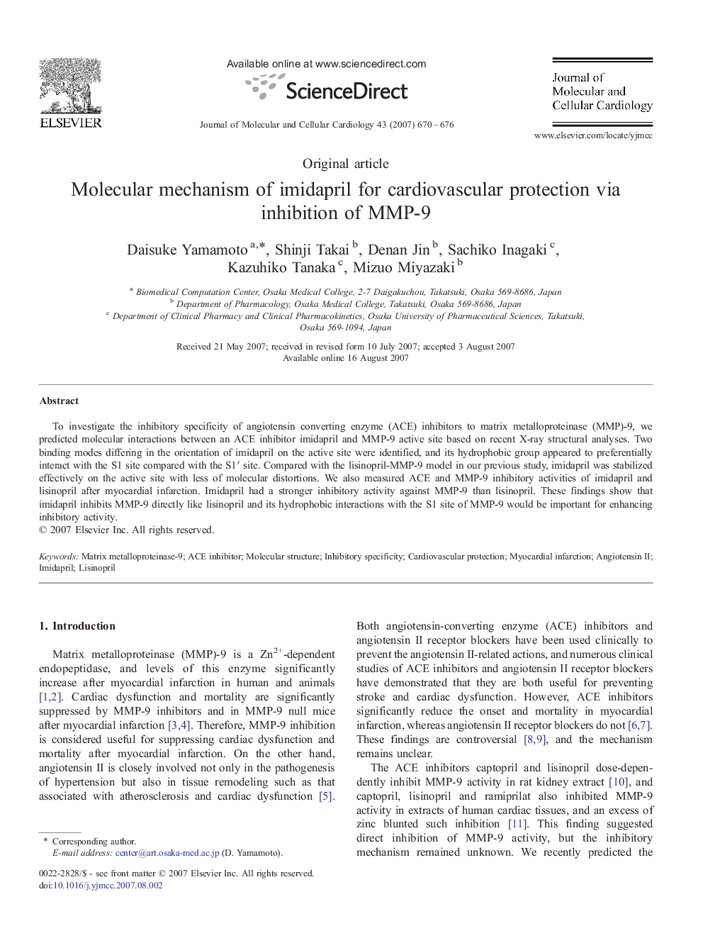 Molecular mechanism of imidapril for cardiovascular protection via inhibition of MMP-9