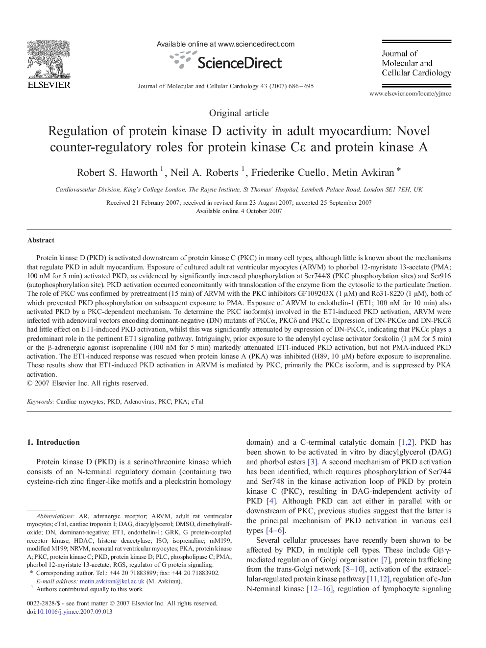 Regulation of protein kinase D activity in adult myocardium: Novel counter-regulatory roles for protein kinase Cε and protein kinase A