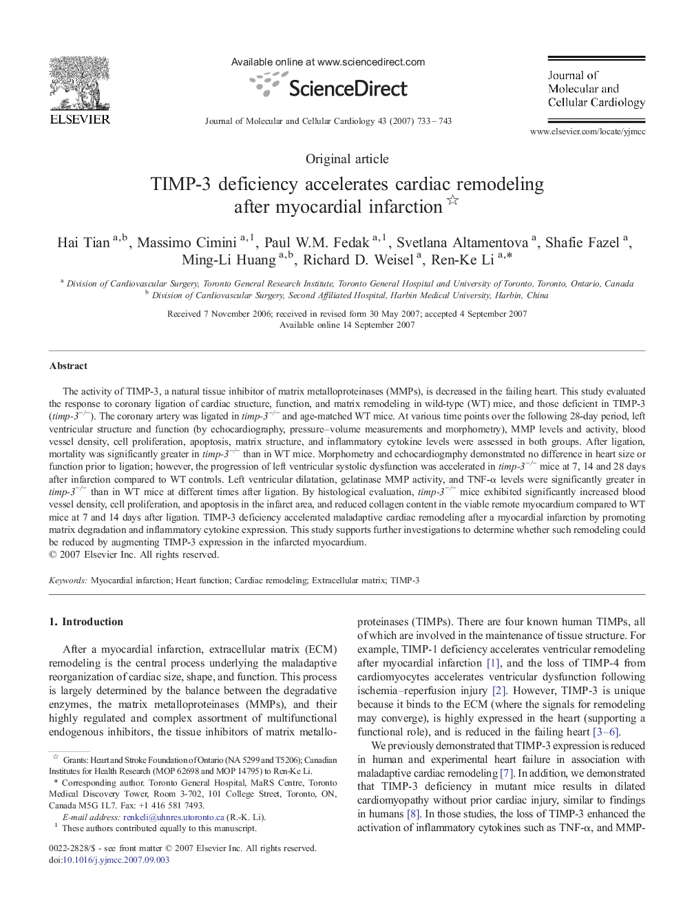 TIMP-3 deficiency accelerates cardiac remodeling after myocardial infarction 