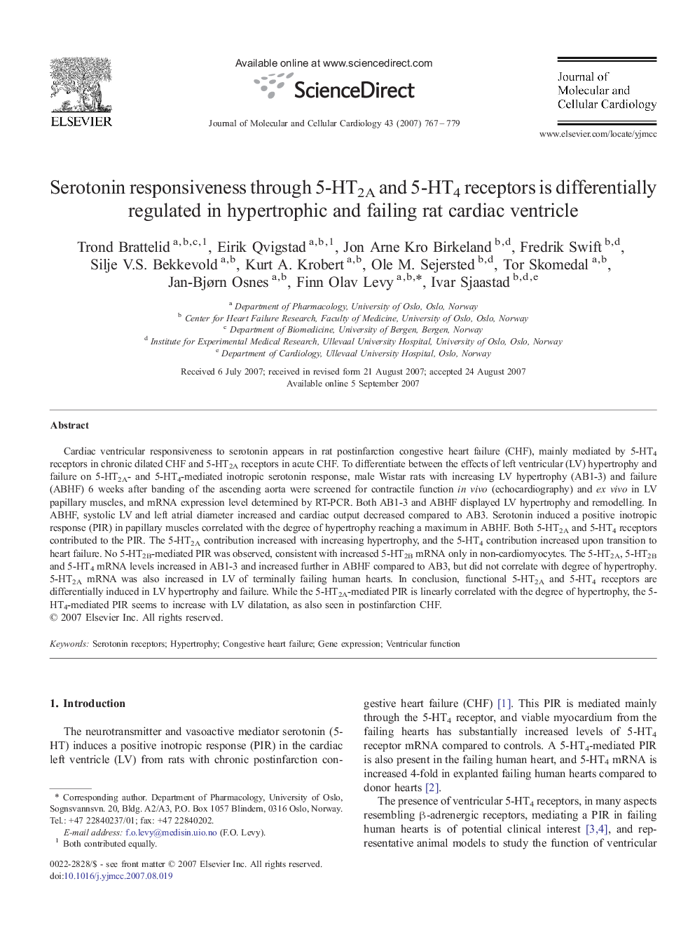 Serotonin responsiveness through 5-HT2A and 5-HT4 receptors is differentially regulated in hypertrophic and failing rat cardiac ventricle