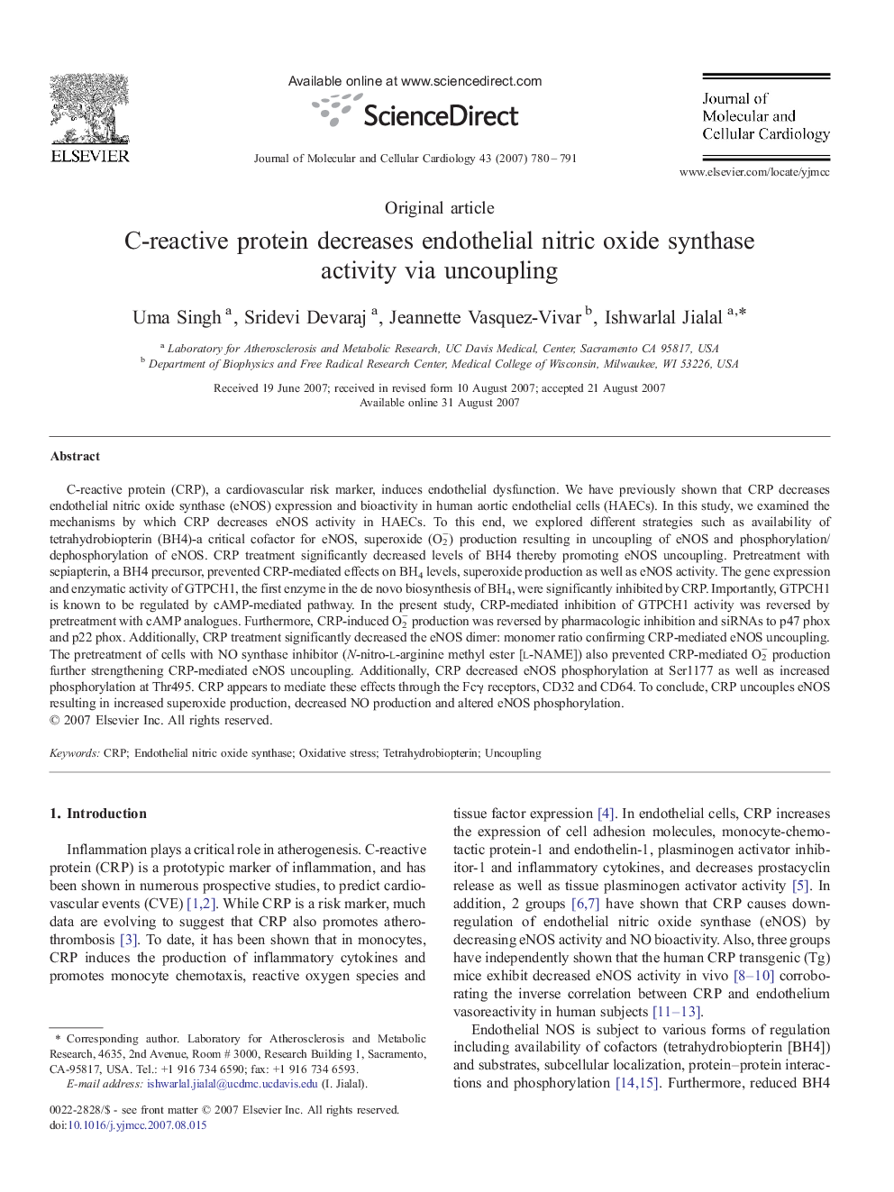 C-reactive protein decreases endothelial nitric oxide synthase activity via uncoupling