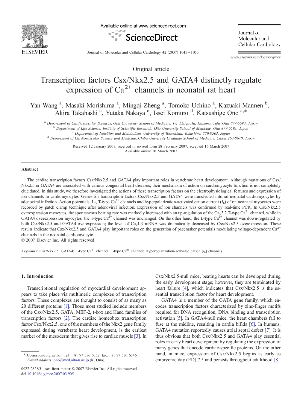 Transcription factors Csx/Nkx2.5 and GATA4 distinctly regulate expression of Ca2+ channels in neonatal rat heart