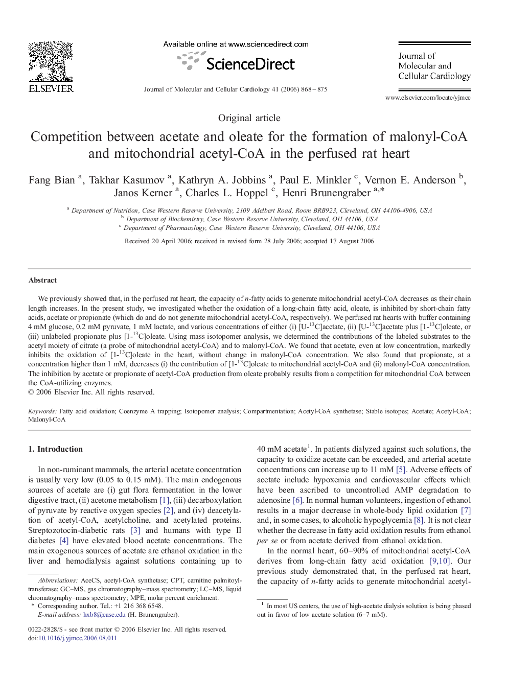 Competition between acetate and oleate for the formation of malonyl-CoA and mitochondrial acetyl-CoA in the perfused rat heart