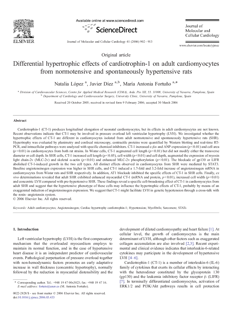 Differential hypertrophic effects of cardiotrophin-1 on adult cardiomyocytes from normotensive and spontaneously hypertensive rats