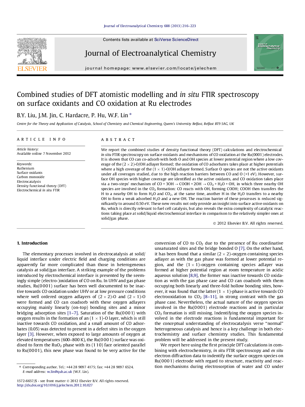 Combined studies of DFT atomistic modelling and in situ FTIR spectroscopy on surface oxidants and CO oxidation at Ru electrodes