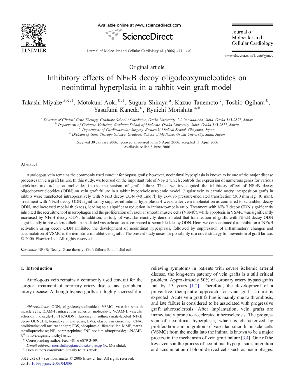 Inhibitory effects of NFκB decoy oligodeoxynucleotides on neointimal hyperplasia in a rabbit vein graft model