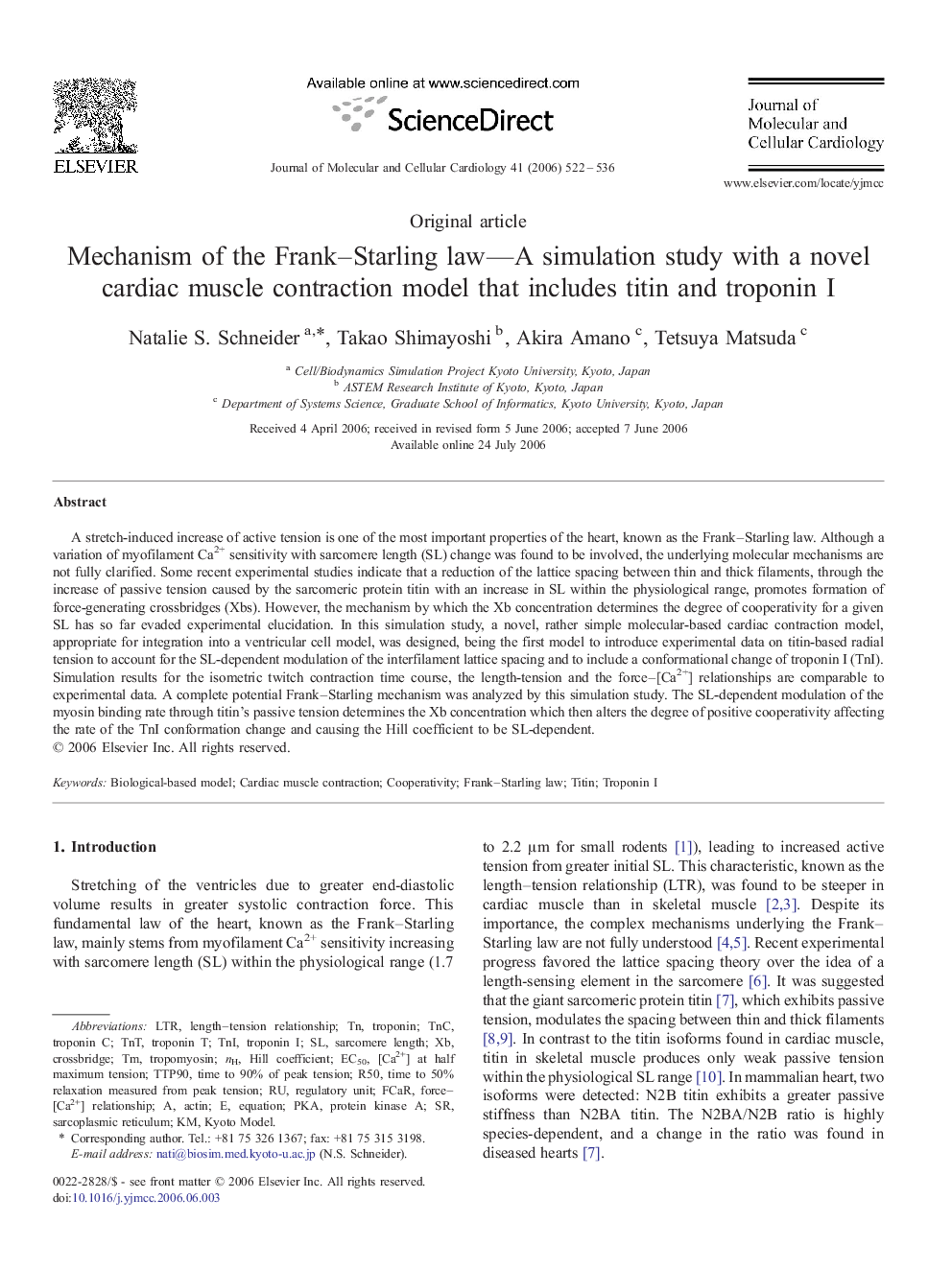 Mechanism of the Frank–Starling law—A simulation study with a novel cardiac muscle contraction model that includes titin and troponin I