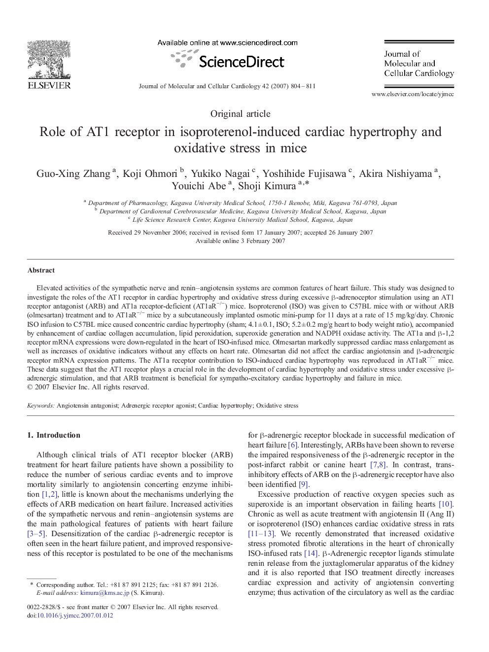 Role of AT1 receptor in isoproterenol-induced cardiac hypertrophy and oxidative stress in mice