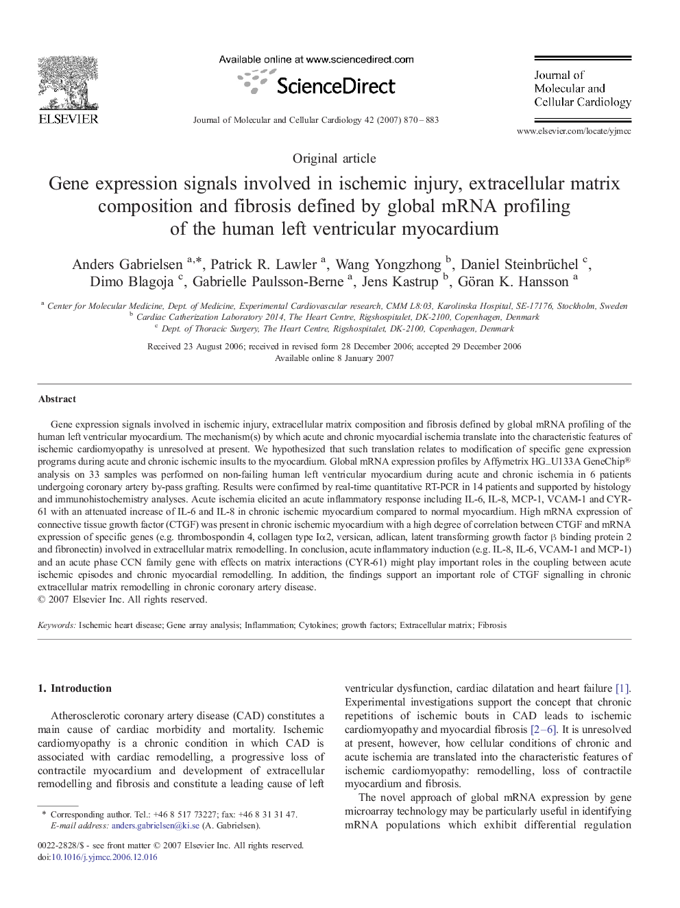 Gene expression signals involved in ischemic injury, extracellular matrix composition and fibrosis defined by global mRNA profiling of the human left ventricular myocardium