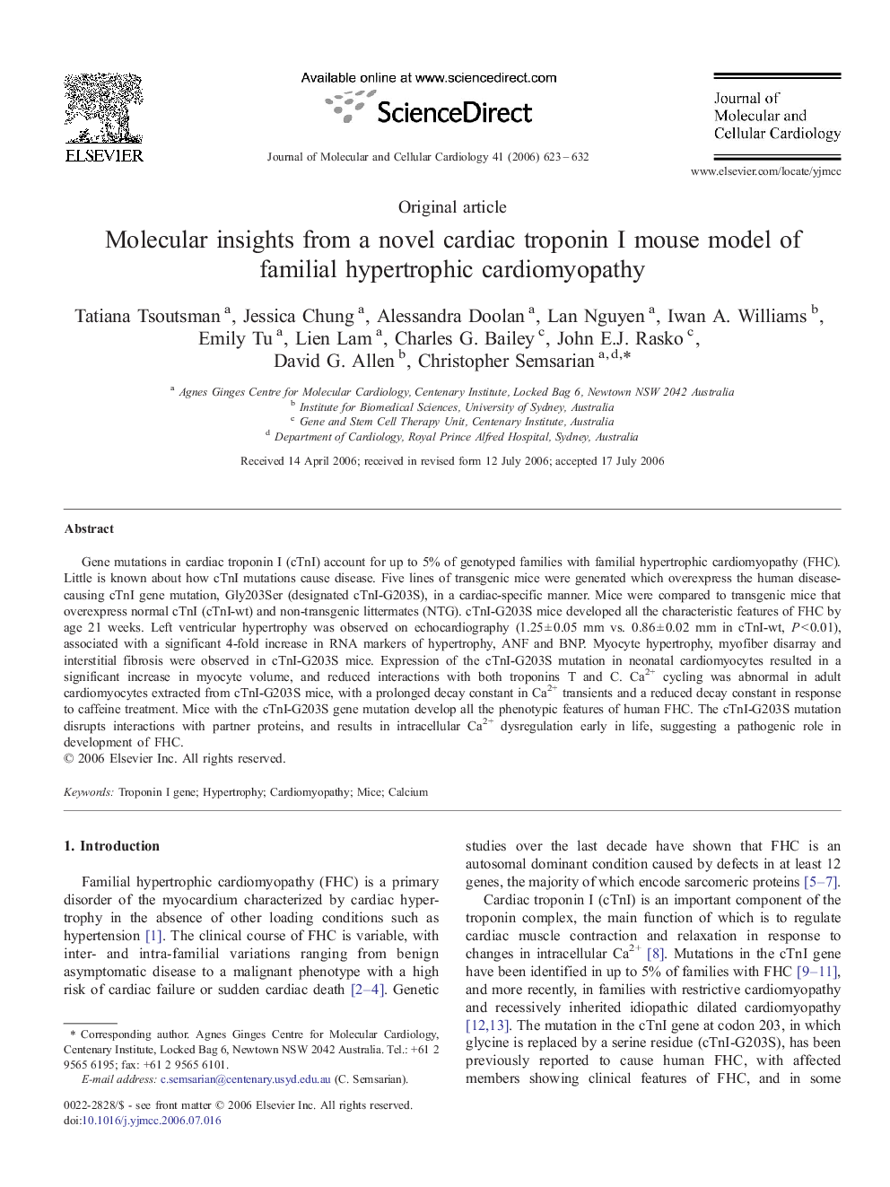 Molecular insights from a novel cardiac troponin I mouse model of familial hypertrophic cardiomyopathy