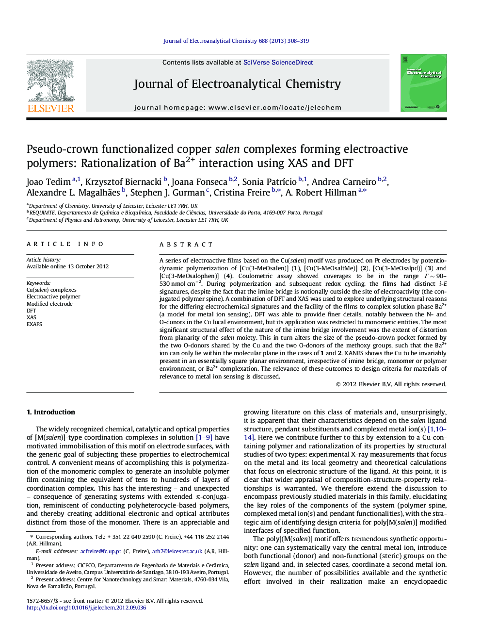 Pseudo-crown functionalized copper salen complexes forming electroactive polymers: Rationalization of Ba2+ interaction using XAS and DFT