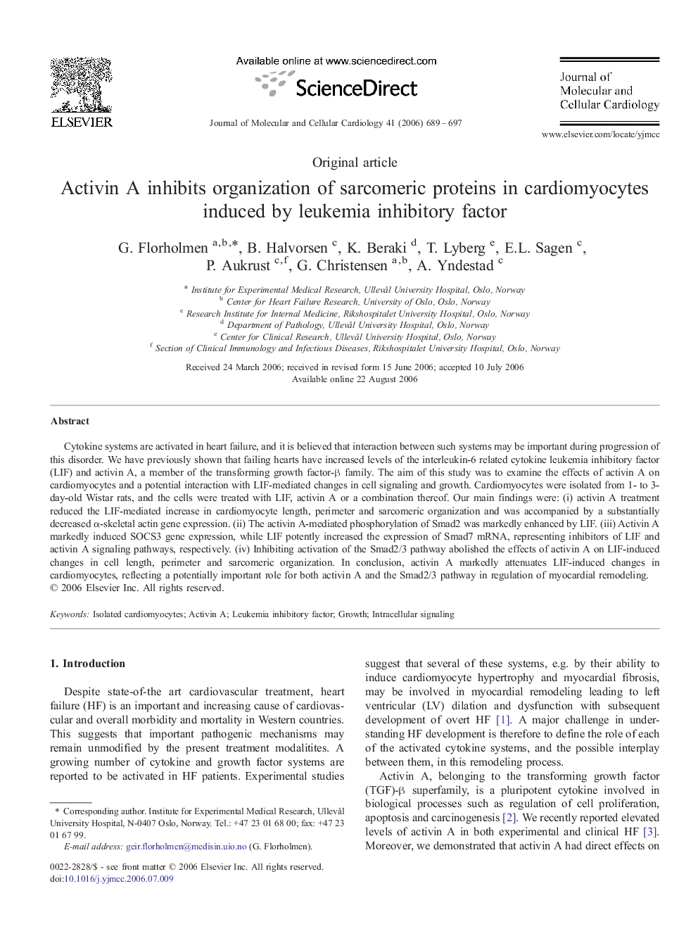 Activin A inhibits organization of sarcomeric proteins in cardiomyocytes induced by leukemia inhibitory factor