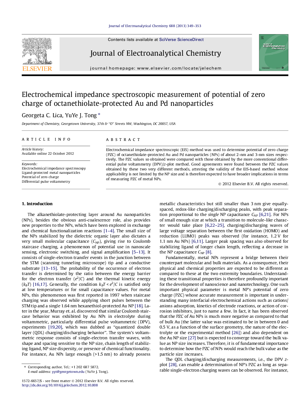 Electrochemical impedance spectroscopic measurement of potential of zero charge of octanethiolate-protected Au and Pd nanoparticles