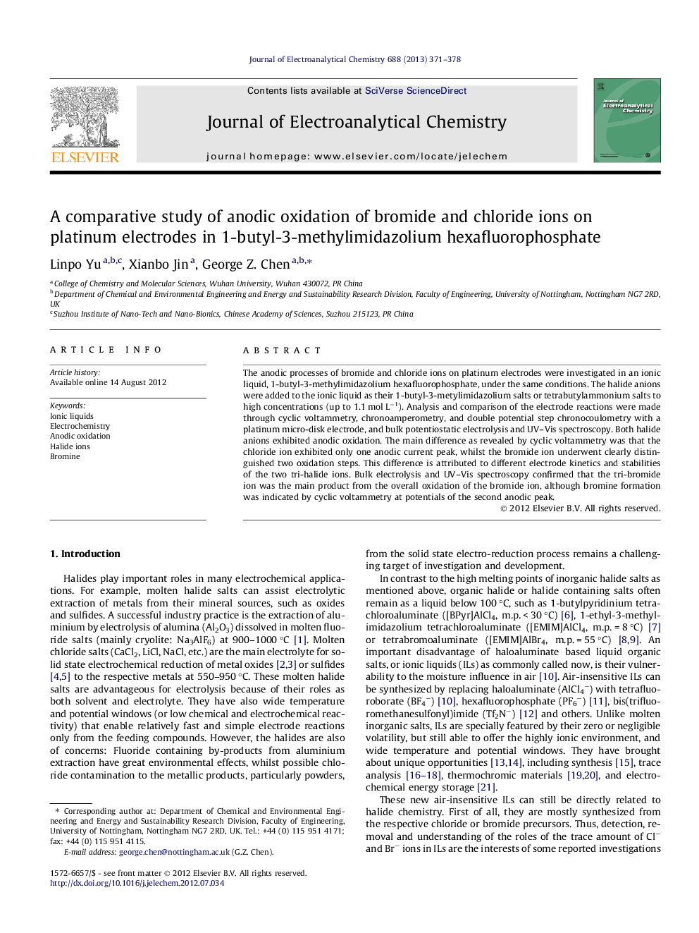 A comparative study of anodic oxidation of bromide and chloride ions on platinum electrodes in 1-butyl-3-methylimidazolium hexafluorophosphate