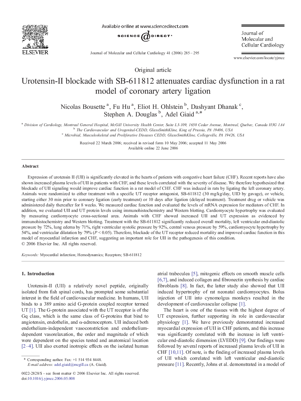 Urotensin-II blockade with SB-611812 attenuates cardiac dysfunction in a rat model of coronary artery ligation