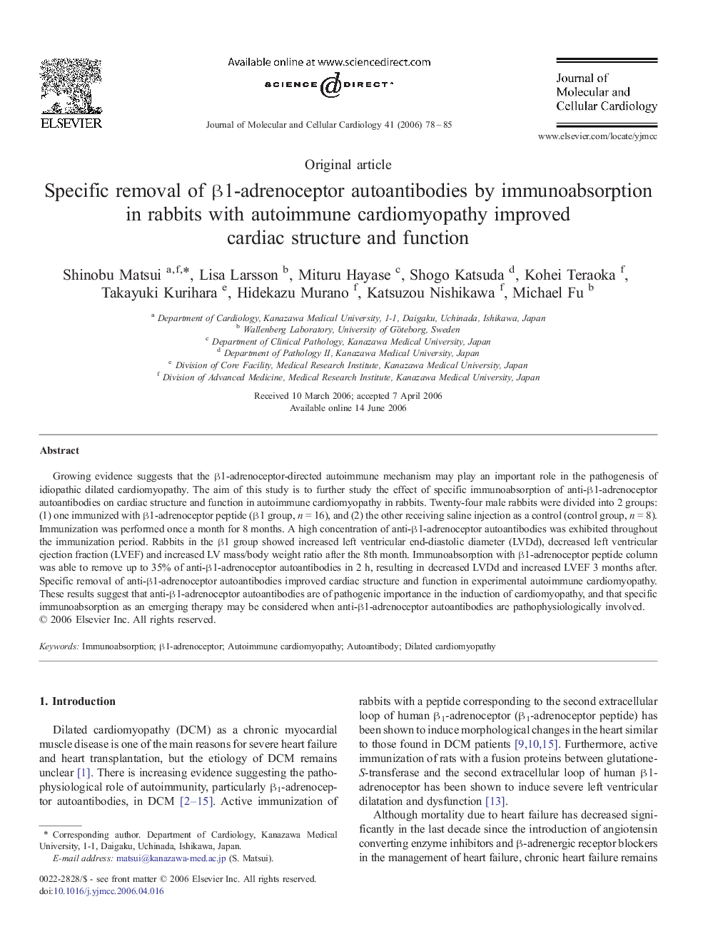 Specific removal of β1-adrenoceptor autoantibodies by immunoabsorption in rabbits with autoimmune cardiomyopathy improved cardiac structure and function