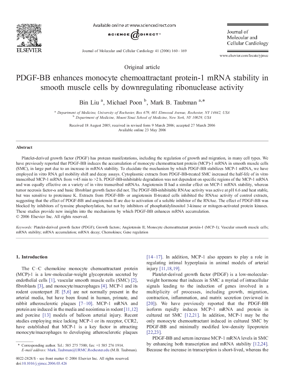 PDGF-BB enhances monocyte chemoattractant protein-1 mRNA stability in smooth muscle cells by downregulating ribonuclease activity