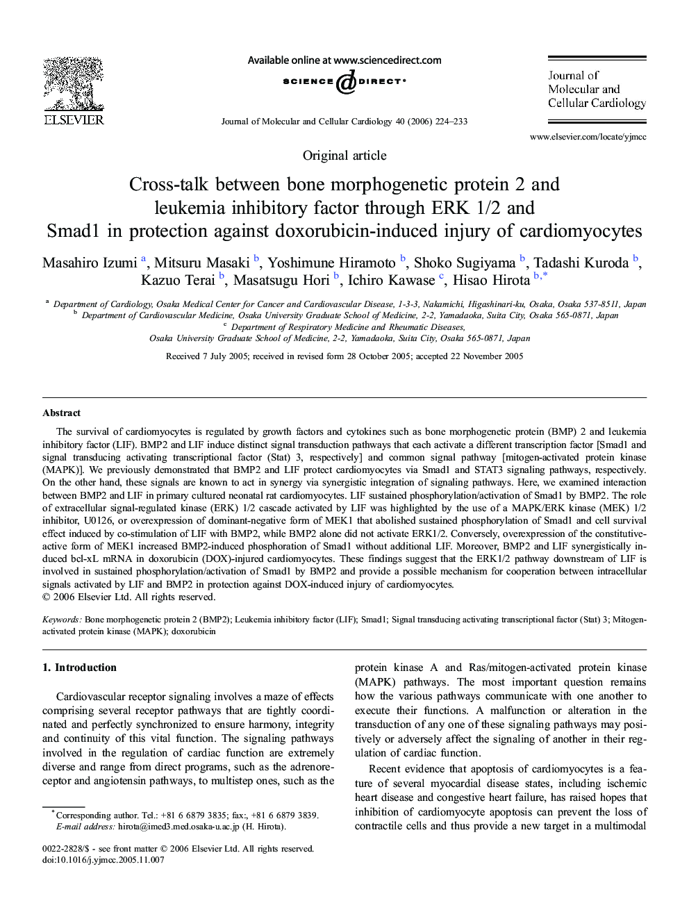 Cross-talk between bone morphogenetic protein 2 and leukemia inhibitory factor through ERK 1/2 and Smad1 in protection against doxorubicin-induced injury of cardiomyocytes