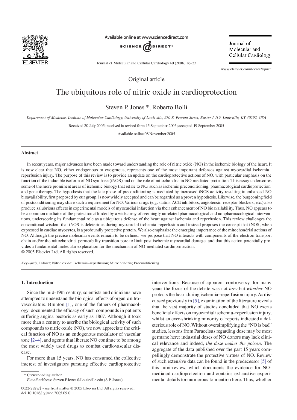 The ubiquitous role of nitric oxide in cardioprotection