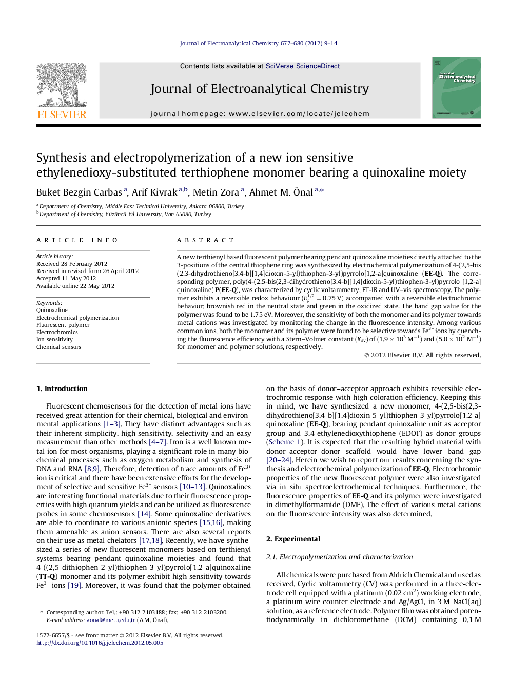 Synthesis and electropolymerization of a new ion sensitive ethylenedioxy-substituted terthiophene monomer bearing a quinoxaline moiety