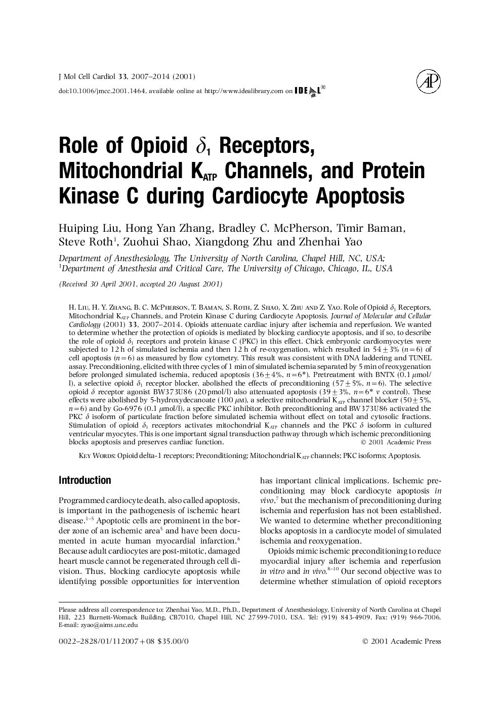 Role of Opioid δ1Receptors, Mitochondrial KATPChannels, and Protein Kinase C during Cardiocyte Apoptosis