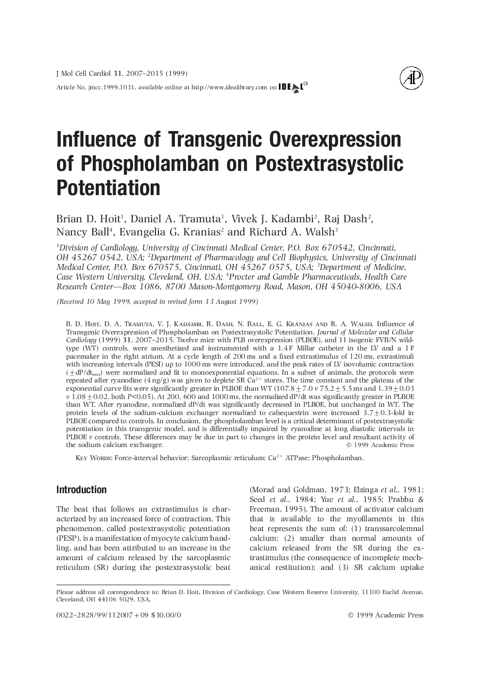 Influence of Transgenic Overexpression of Phospholamban on Postextrasystolic Potentiation 
