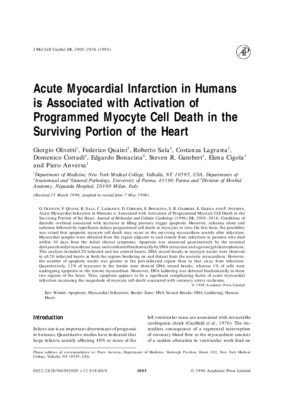 Acute Myocardial Infarction in Humans is Associated with Activation of Programmed Myocyte Cell Death in the Surviving Portion of the Heart 