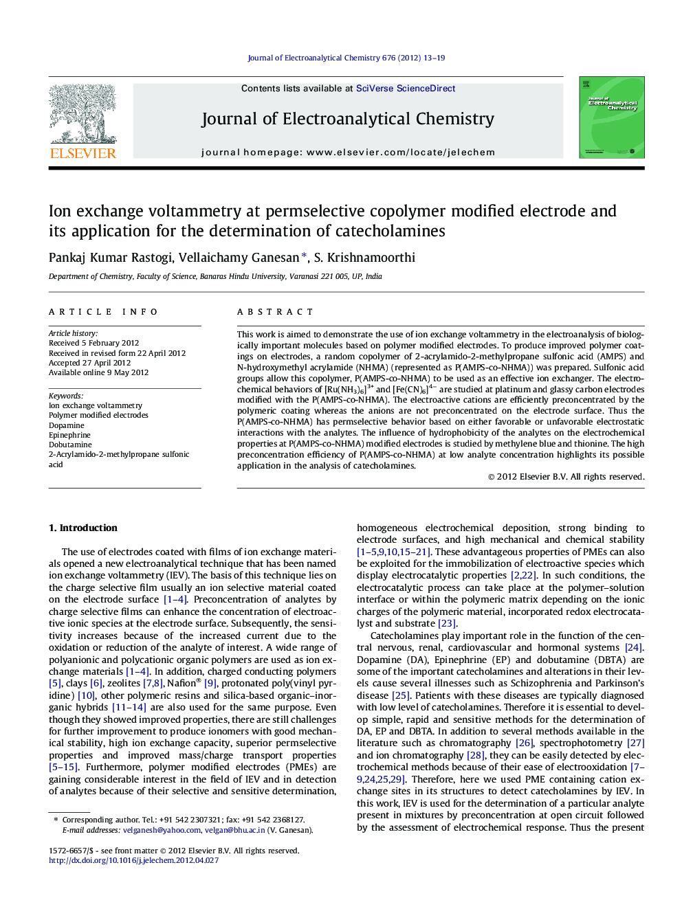 Ion exchange voltammetry at permselective copolymer modified electrode and its application for the determination of catecholamines