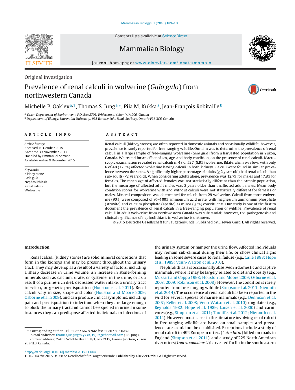 Prevalence of renal calculi in wolverine (Gulo gulo) from northwestern Canada