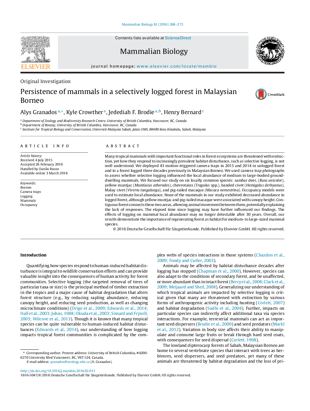 Persistence of mammals in a selectively logged forest in Malaysian Borneo