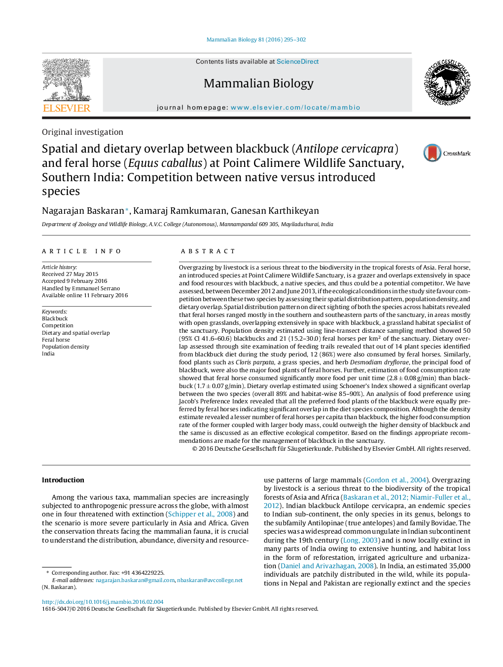 Spatial and dietary overlap between blackbuck (Antilope cervicapra) and feral horse (Equus caballus) at Point Calimere Wildlife Sanctuary, Southern India: Competition between native versus introduced species