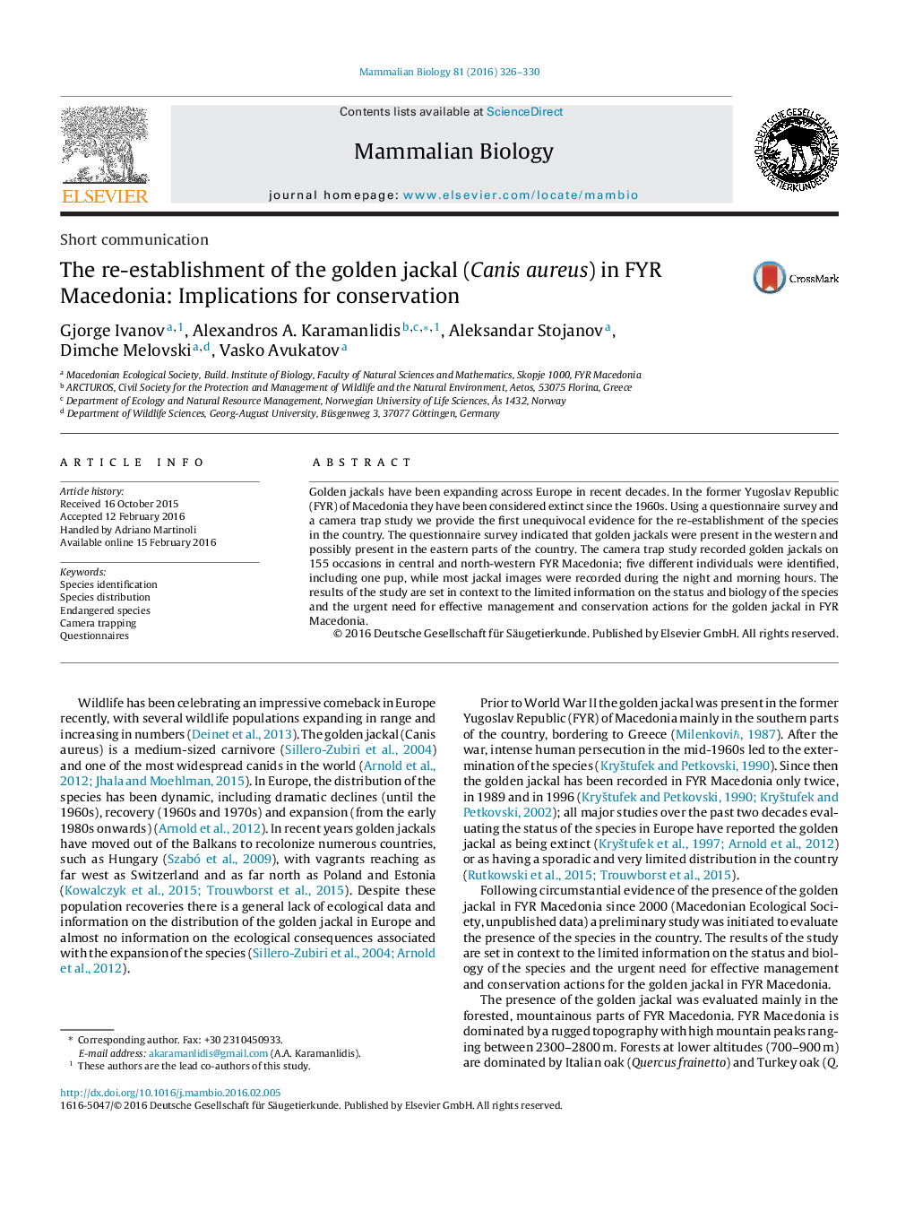 The re-establishment of the golden jackal (Canis aureus) in FYR Macedonia: Implications for conservation