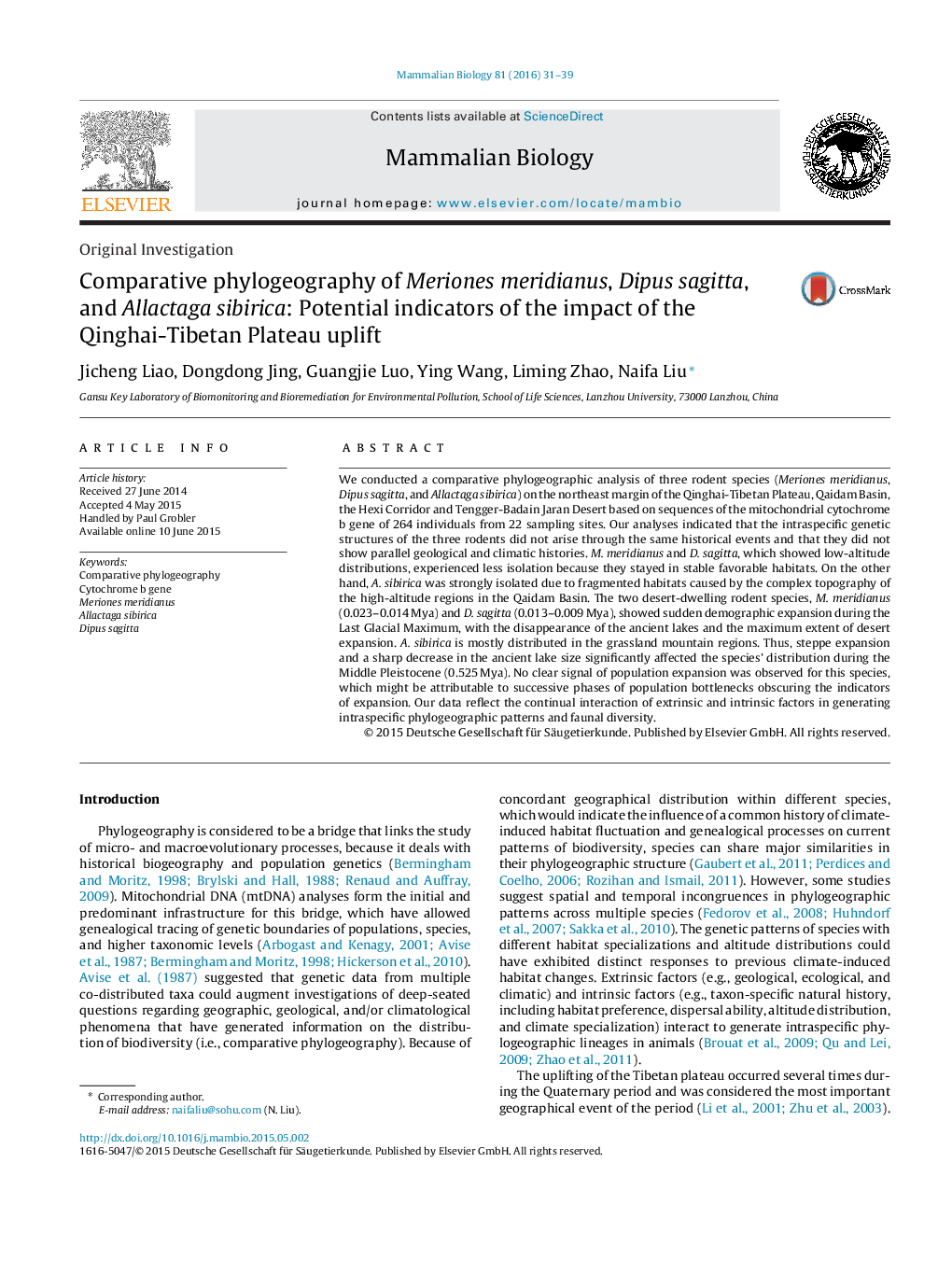 Comparative phylogeography of Meriones meridianus, Dipus sagitta, and Allactaga sibirica: Potential indicators of the impact of the Qinghai-Tibetan Plateau uplift