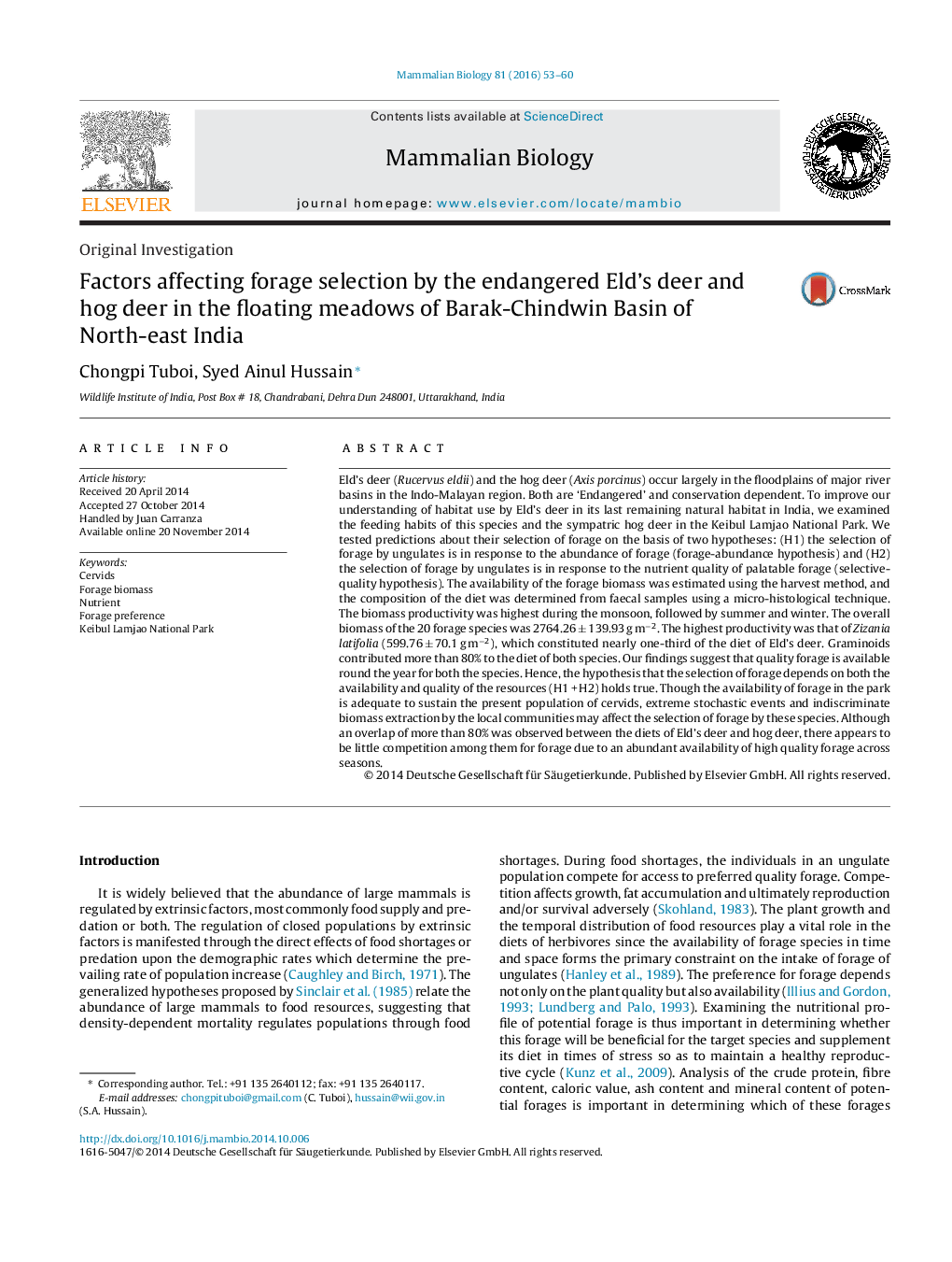 Factors affecting forage selection by the endangered Eld's deer and hog deer in the floating meadows of Barak-Chindwin Basin of North-east India