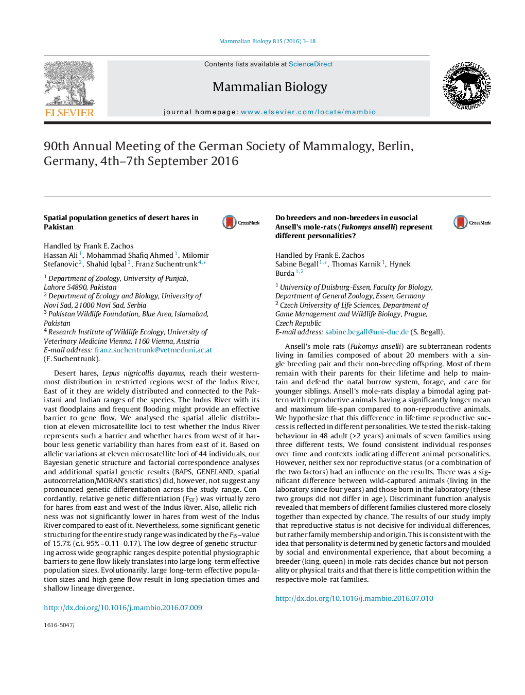 90th Annual Meeting of the German Society of Mammalogy, Berlin, Germany, 4th-7th September 2016