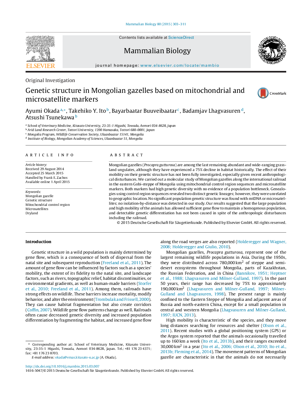 Genetic structure in Mongolian gazelles based on mitochondrial and microsatellite markers