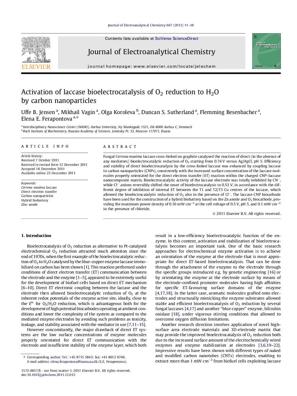 Activation of laccase bioelectrocatalysis of O2 reduction to H2O by carbon nanoparticles